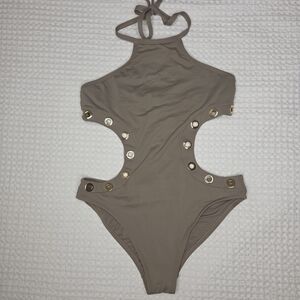 La Blanca Halter Neck Monokini Swimsuit Side Cut-Outs And Grommets Taupe Size 6